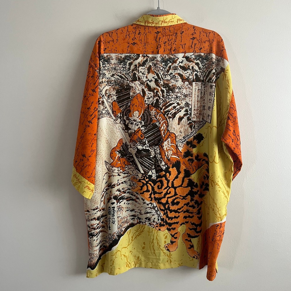 Vintage Phat Farm Samurai Tiger Ukiyo-e Print Camp Shirt Y2K Orange Size XXL